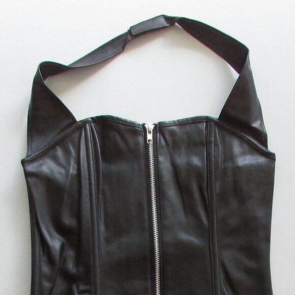 Black Faux Leather Zip Front Halter Corset Set - NEW - Picture 3 of 8
